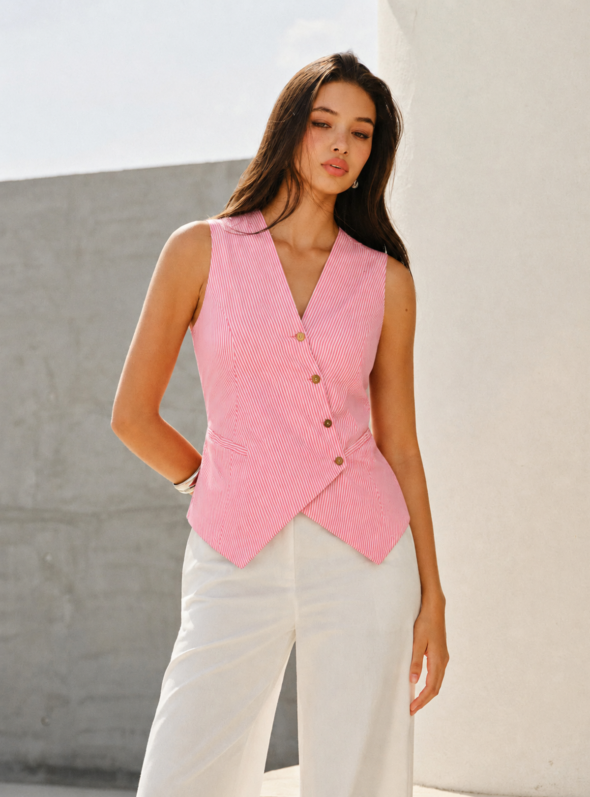 Pink Stripe Waist-Coat Asymmetric